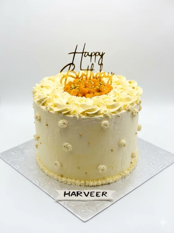 Fresh mango cream celebration cake - Winnipeg custom cakes by Crumbs & Cravings